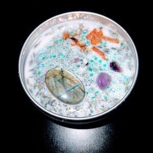 Private Label White Candle with Turquoise Accents and Purple Gem